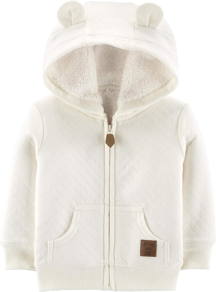 Infant apparel: a warm fleece-lined baby hoodie with ribbed cuffs and hem, winter ready.