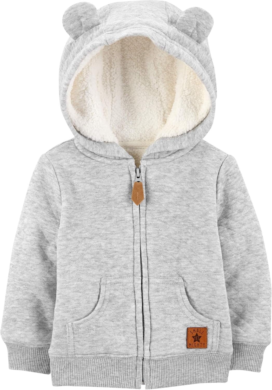 Stylish and cozy fleece baby hoodie, sherpa-lined, designed for warmth and comfort in infants.
