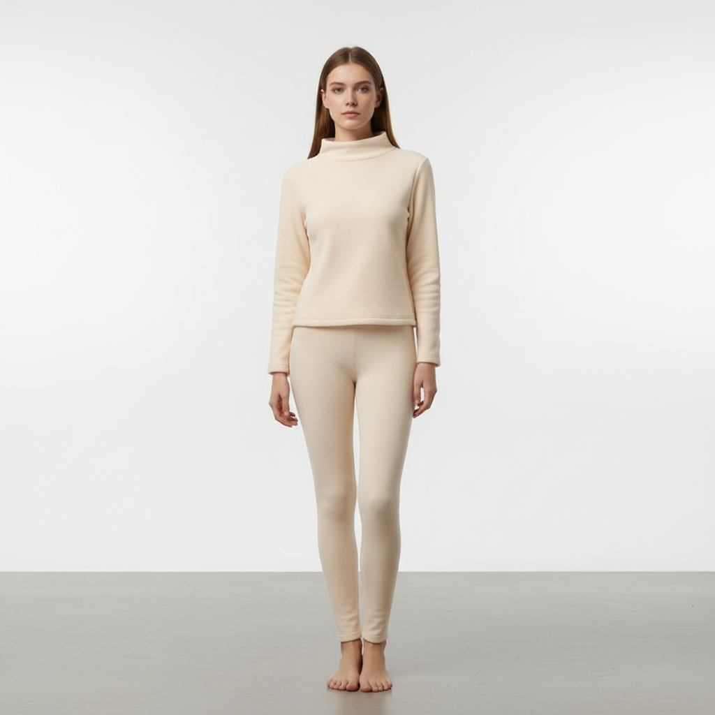Modern women's fleece jogger and pullover set, combining warmth with a chic, relaxed aesthetic