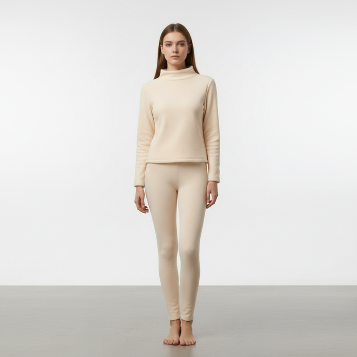 Modern women's fleece jogger and pullover set, combining warmth with a chic, relaxed aesthetic