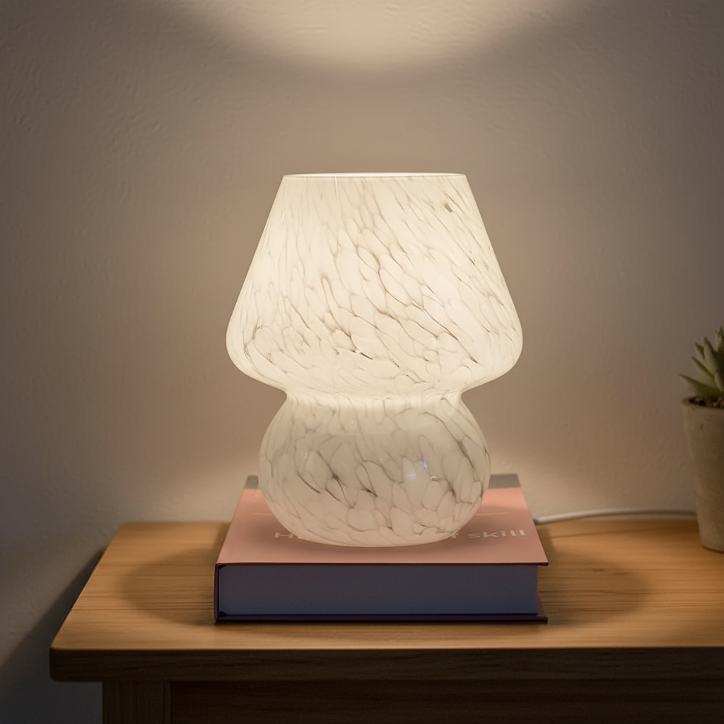 Cozy glass mushroom table lamp for home decor. Warm ambient light, unique design.