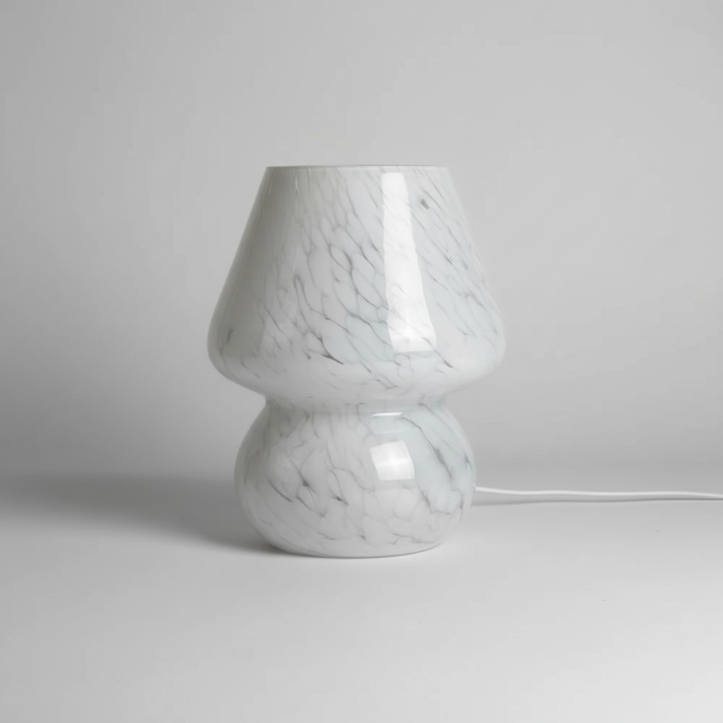 AuraShroom glass mushroom lamp, perfect bedside table decor. Emits warm, cozy light.
