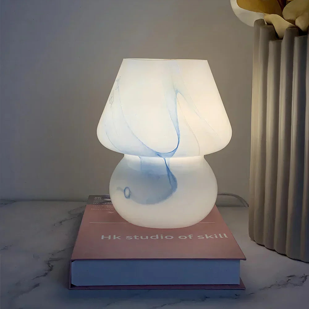 Unique glass mushroom lamp for bedside or table. Creates a cozy, warm light ambiance.