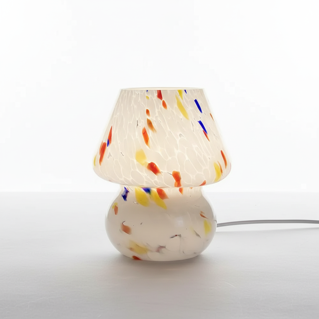 AuraShroom unique glass mushroom table lamp. Ideal ambient lighting for a cozy home decor.