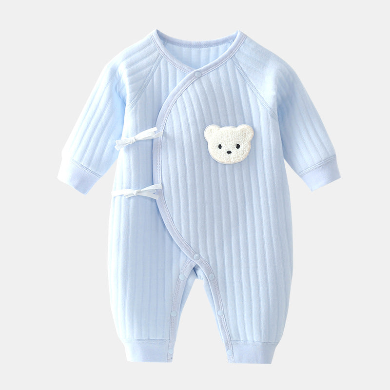 Cozy infant bodysuit with cute bear applique, perfect for spring & autumn. Comfortable newborn one-piece outfit.