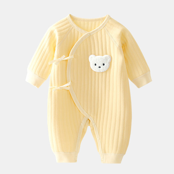 Stylish baby bodysuit, soft infant one-piece with bear applique. Ideal for spring & autumn baby clothes.