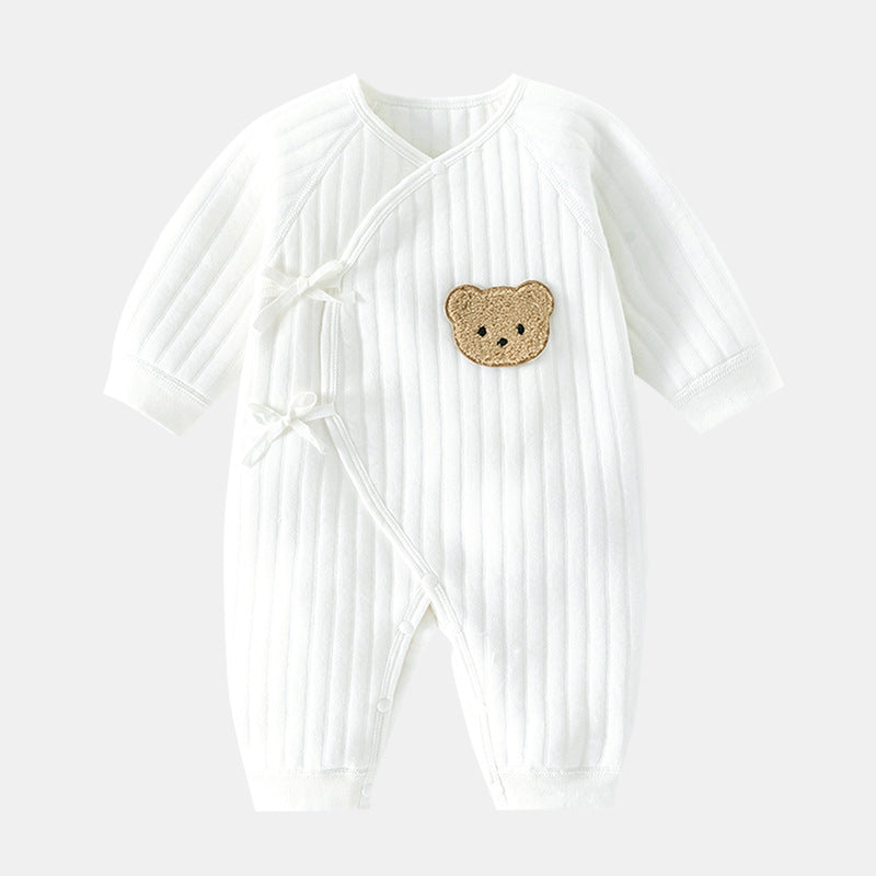 Comfortable baby bodysuit with adorable bear applique design. Cute infant one-piece, great for baby gifts.