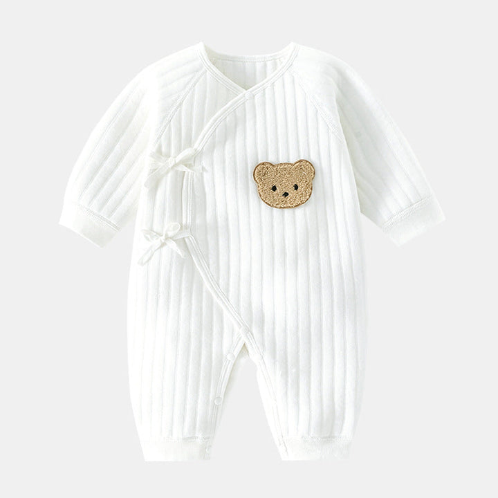 Comfortable baby bodysuit with adorable bear applique design. Cute infant one-piece, great for baby gifts.