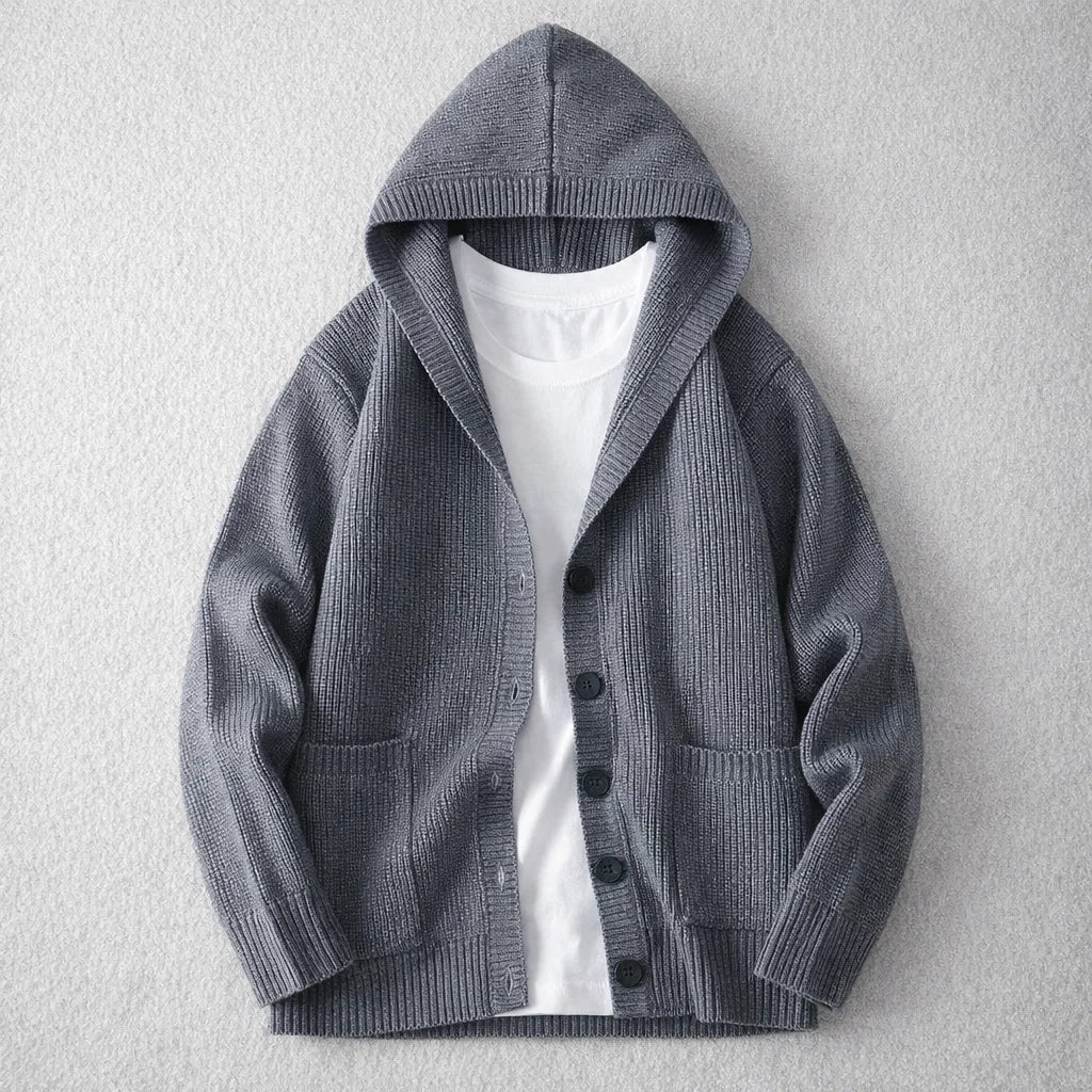 Cozy knit hooded button-up cardigan for women in a neutral color, perfect for comfortable everyday layering.