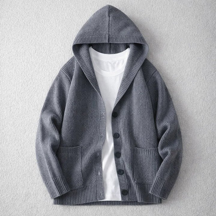 Cozy knit hooded button-up cardigan for women in a neutral color, perfect for comfortable everyday layering.