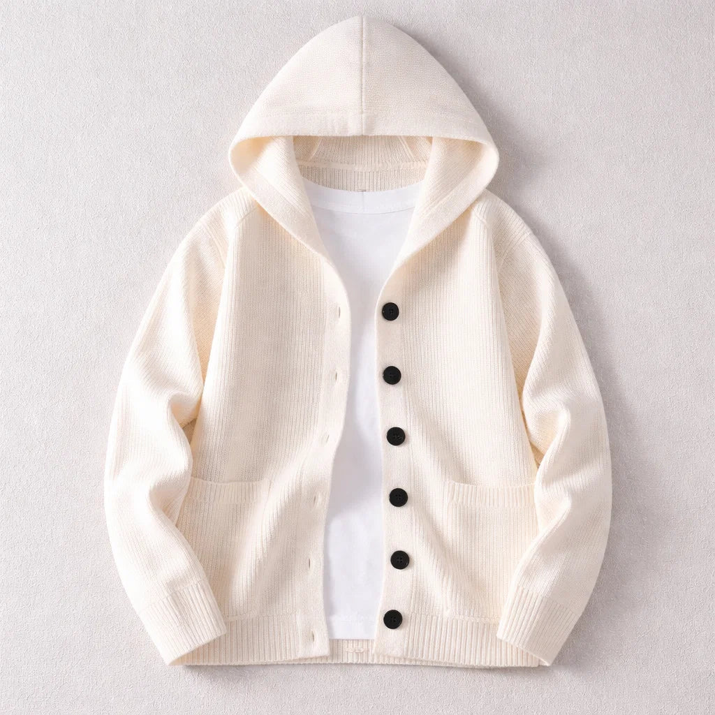 Soft, warm knit hooded cardigan in a relaxed fit, ideal for comfortable casual layering on chilly days.