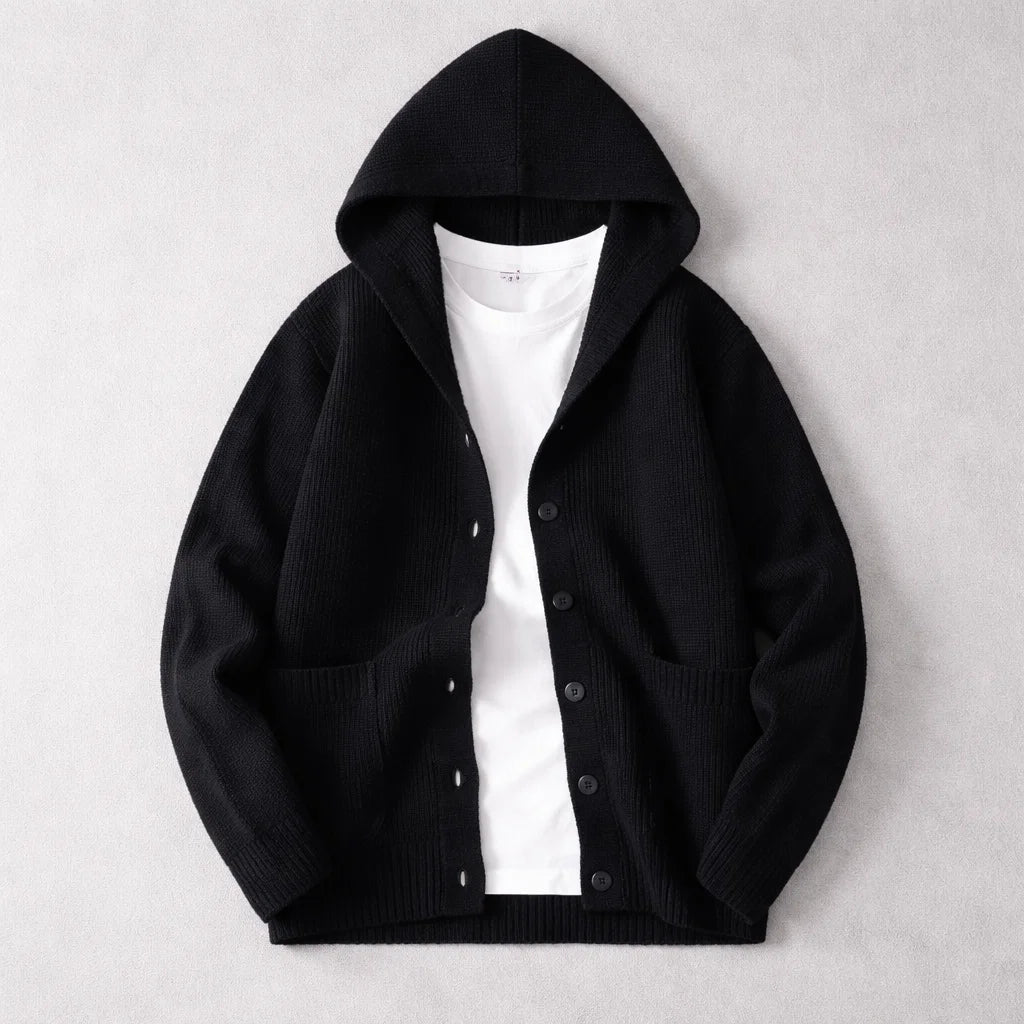 Stylish women's hooded knit cardigan, a versatile layering piece in a cozy fabric for effortless everyday wear.