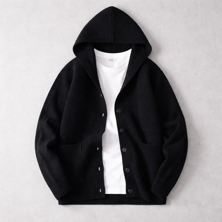 Stylish women's hooded knit cardigan, a versatile layering piece in a cozy fabric for effortless everyday wear.
