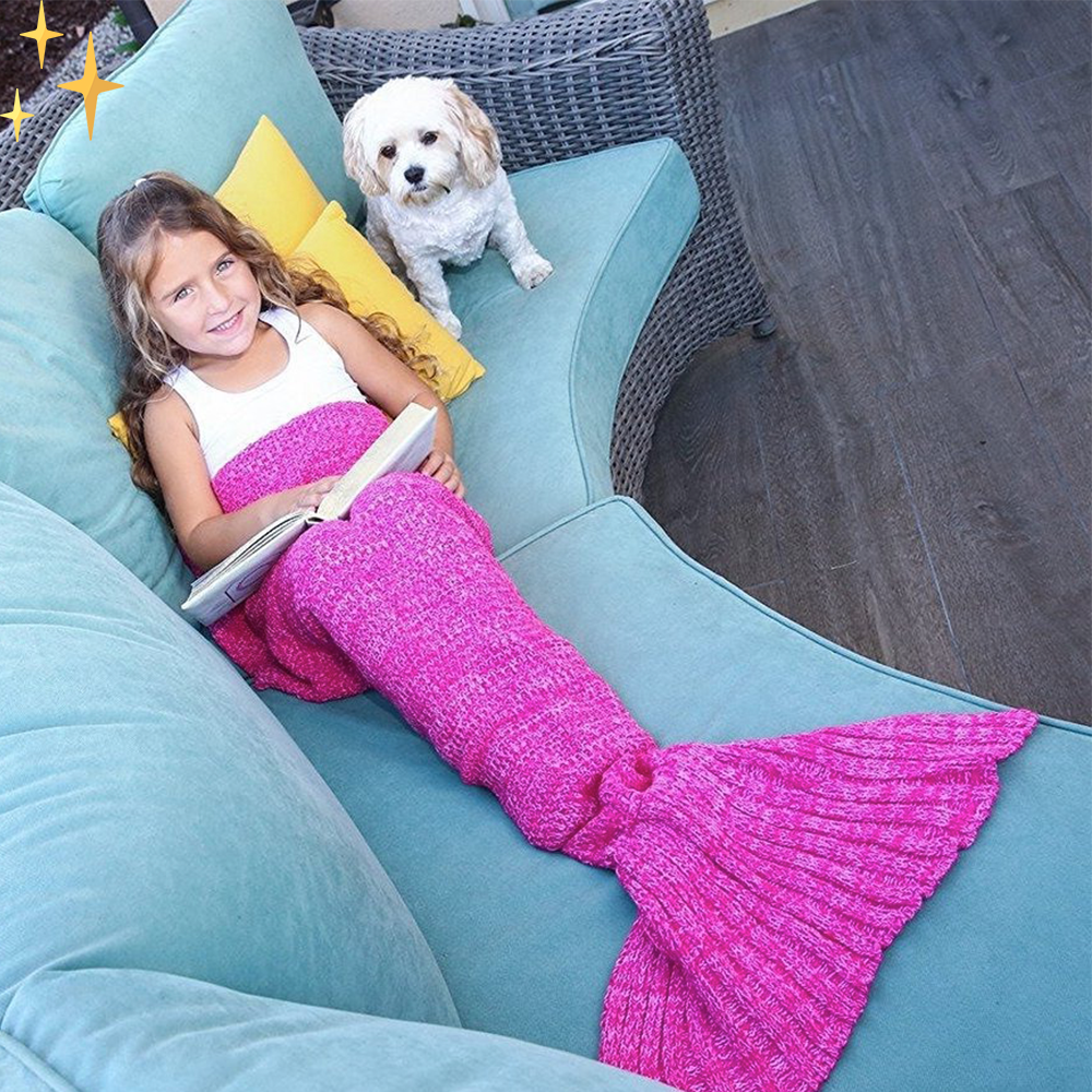 Snuggle up in this cozy knitted mermaid tail blanket. Soft, comfortable throw for relaxing & movie nights.