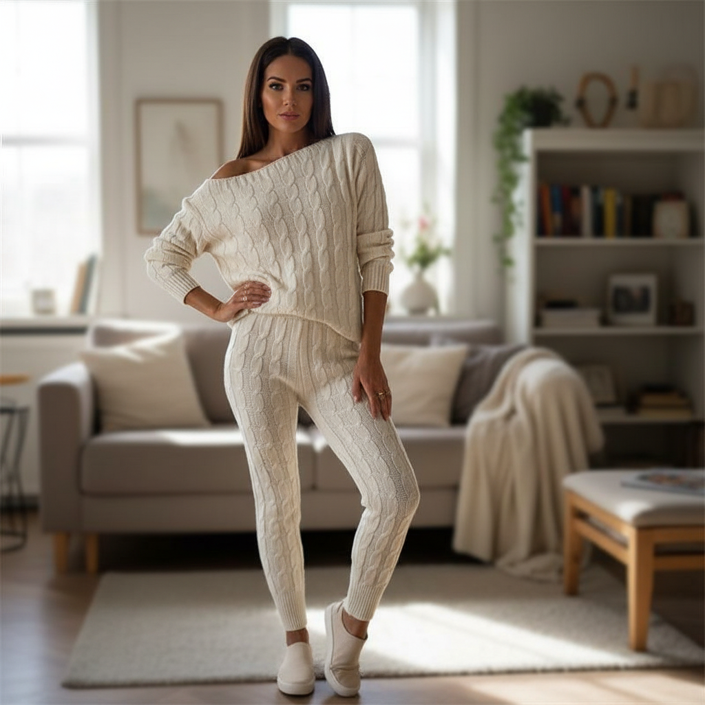 Cozy knitted two-piece loungewear set for women, oversized style, perfect for winter comfort.