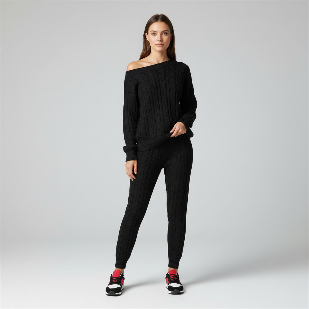 Warm knitted two-piece women's apparel set, perfect for winter fashion and relaxed wear.
