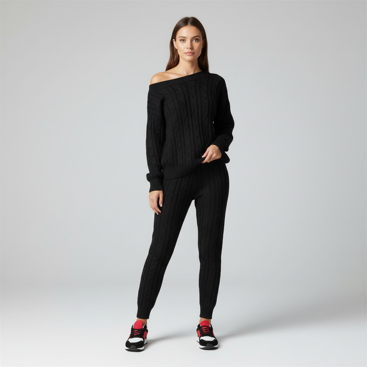 Warm knitted two-piece women's apparel set, perfect for winter fashion and relaxed wear.