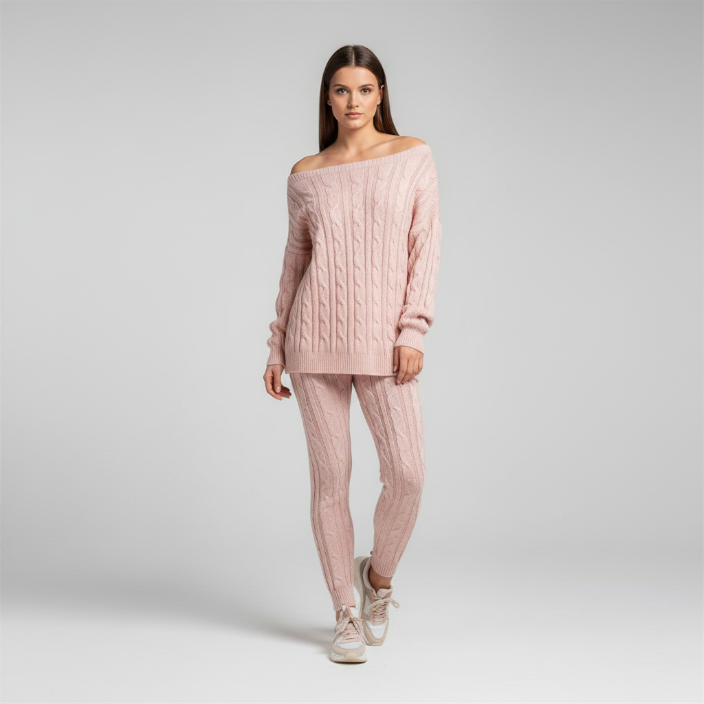 Paulina cozy knit two-piece loungewear for women, featuring a comfortable casual style.