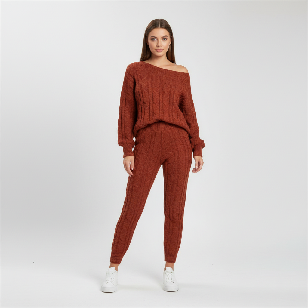 Comfortable women's two-piece knitted outfit, Paulina style, ideal for casual loungewear.