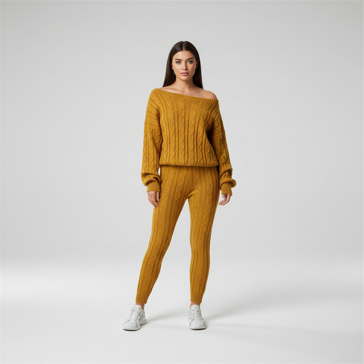 Soft knitwear two-piece set for women, cozy and oversized, perfect winter loungewear.