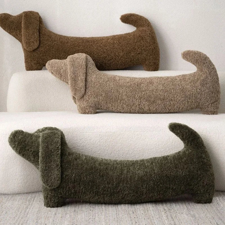 Adorable long Dachshund animal pillow, soft & cozy boucle for stylish home decor.