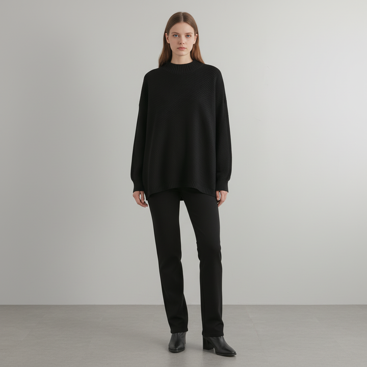 Warm acrylic polyester loose fit knitted women's sweater with a flattering half-roll neck