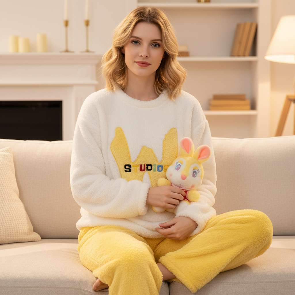 Cozy Lotta women's fleece pajama set in cream with long sleeves, perfect for winter comfort.