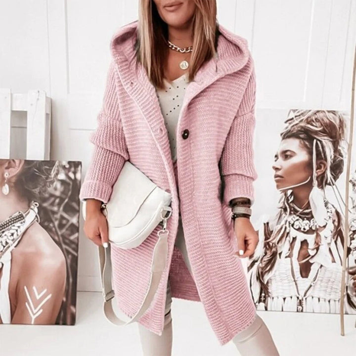 Stylish khaki hooded button-front cardigan for women. Mid-length, cozy, and perfect for fall fashion.