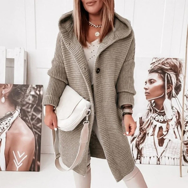 Women's gray hooded button-front cardigan. Mid-length, cozy, versatile outerwear for fall & winter style.