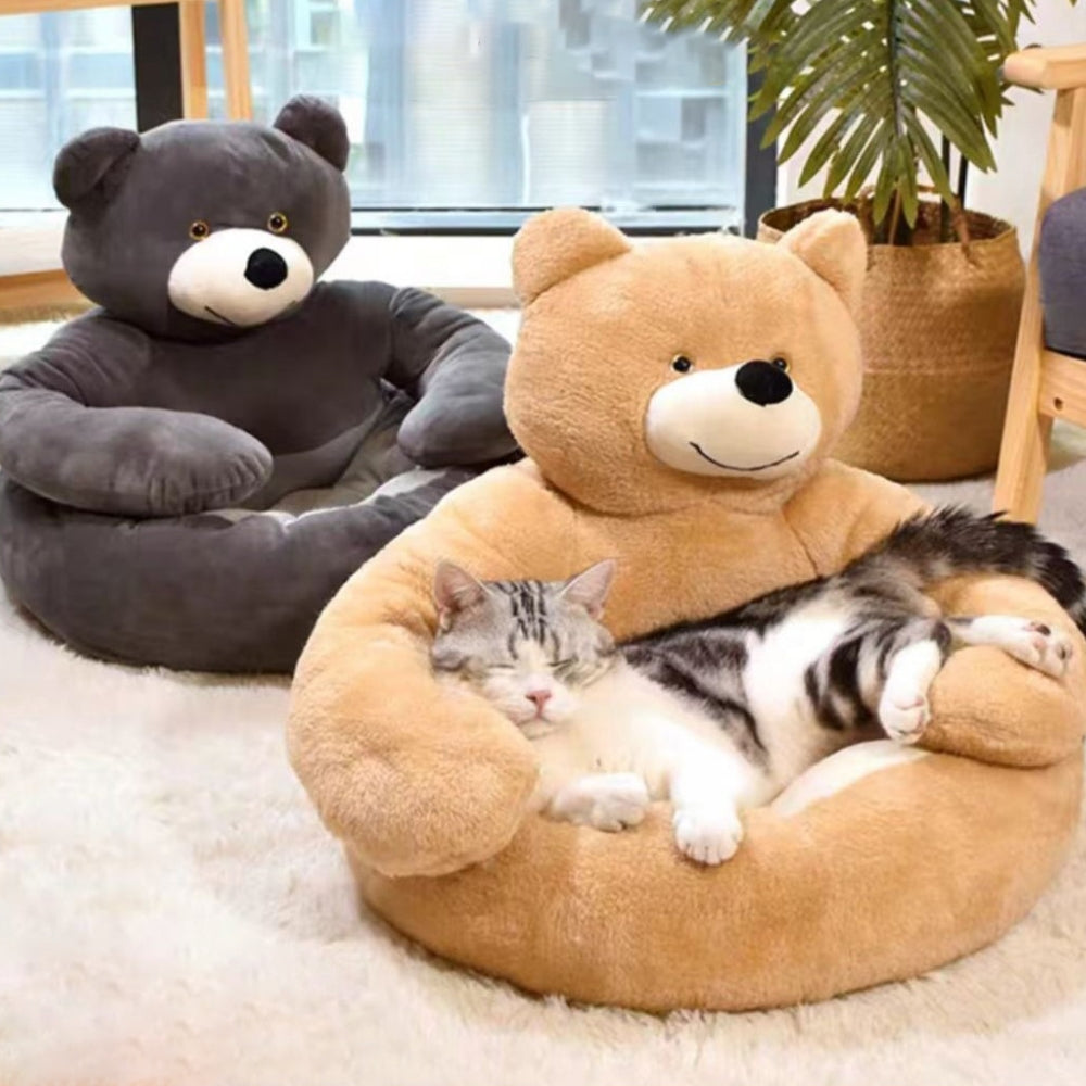 Side view of a soft, adjustable plush dog & cat bed, essential pet supplies for comfort.