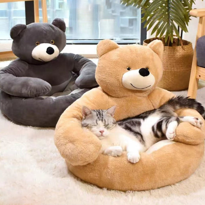 Side view of a soft, adjustable plush dog & cat bed, essential pet supplies for comfort.