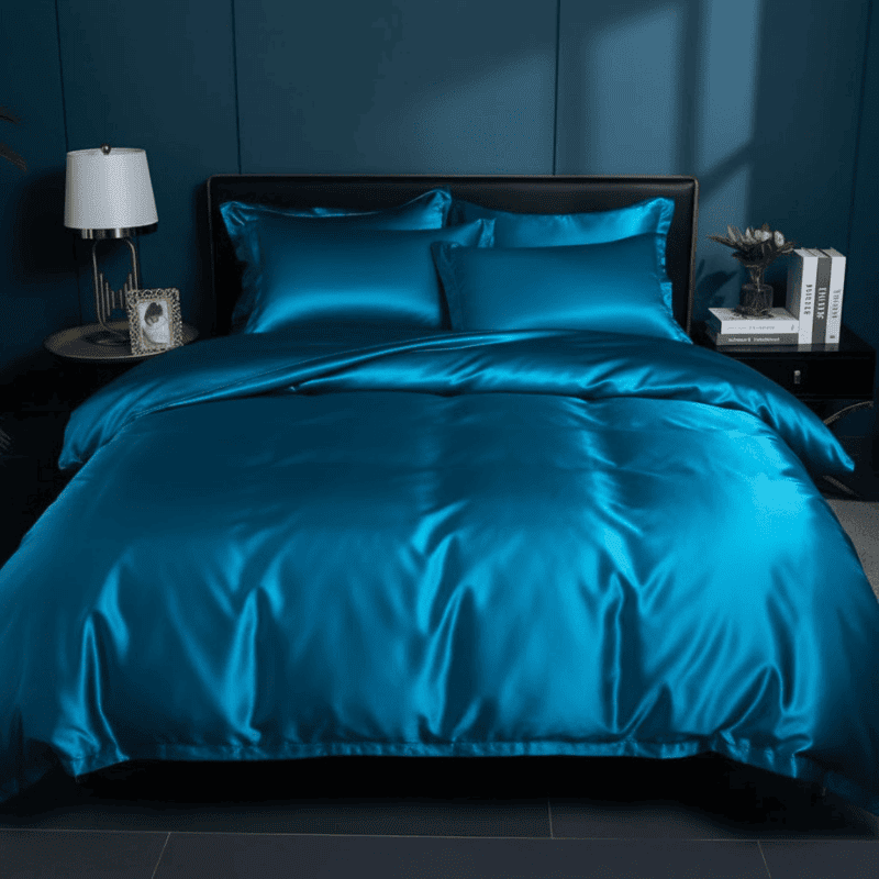 Cozy polyester bedding set in a bedroom, featuring duvet cover, pillowcases & fitted sheet for comfort.