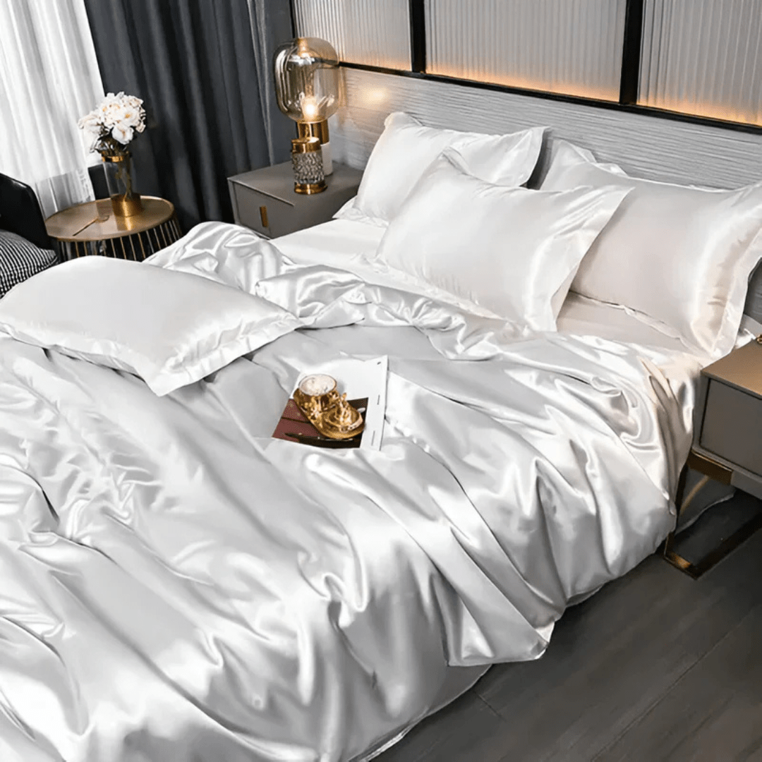 Wrinkle-resistant polyester fitted sheet, part of a luxurious & cozy all-season bedding set for ultimate comfort.