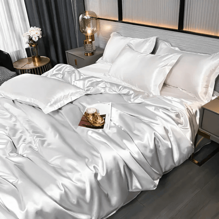 Wrinkle-resistant polyester fitted sheet, part of a luxurious & cozy all-season bedding set for ultimate comfort.