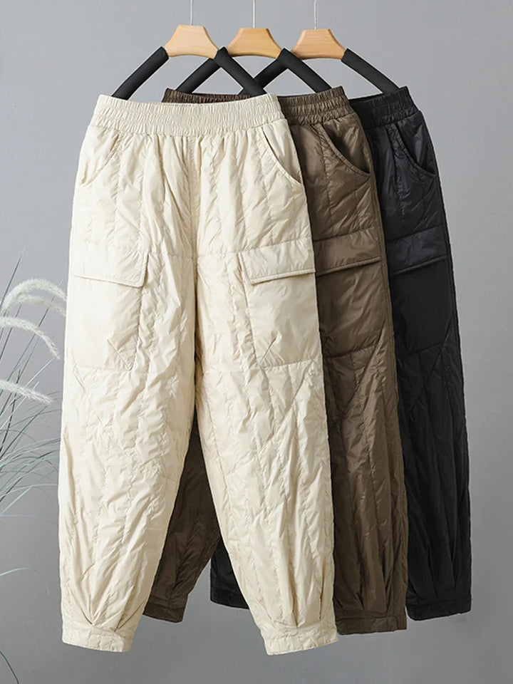 Plush quilted women's pants offer ultimate comfort. Perfect cozy, warm casual wear with an elastic waist.