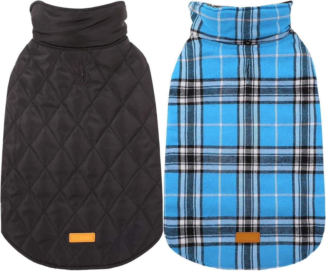 Cozy reversible British style waterproof dog jacket for winter, red and blue plaid.