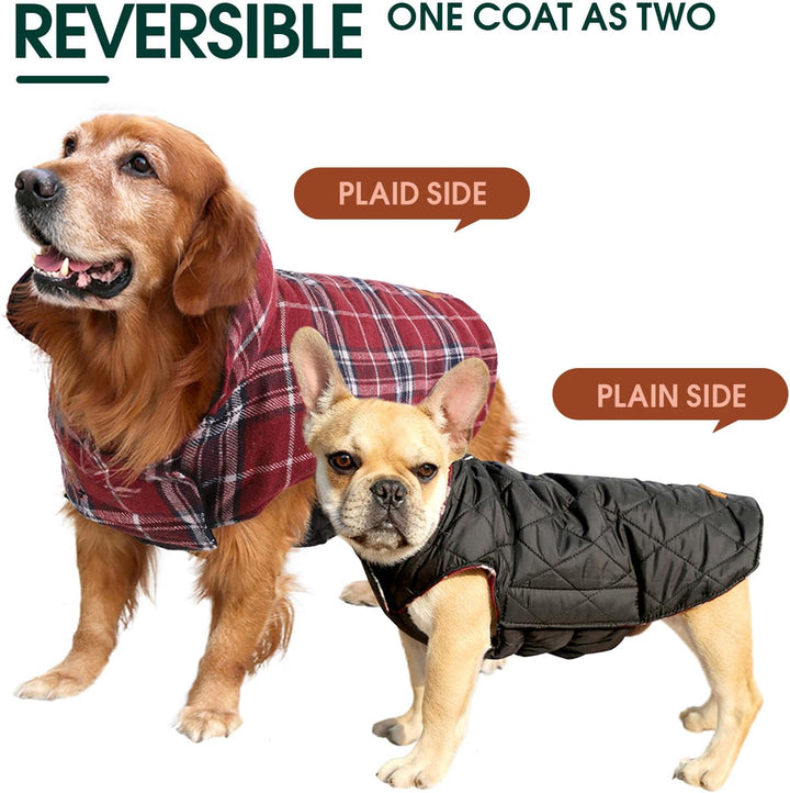Stylish British style dog coat, waterproof and warm for pets, reversible design.