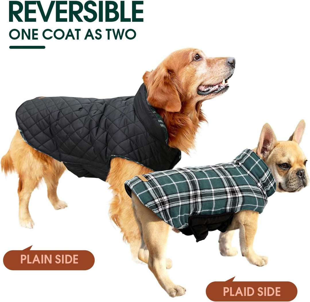 Reversible British style dog winter jacket, waterproof, red plaid print, warm pet clothes.