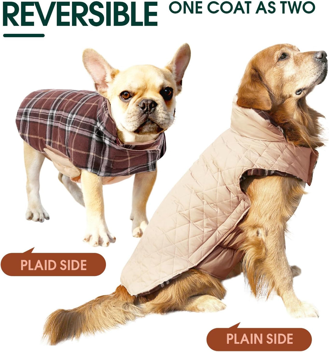 Warm pet coat: British style reversible waterproof dog jacket, black solid side.