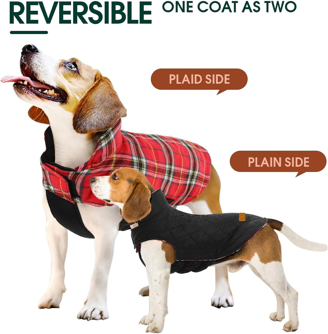 Dog coat: waterproof winter wear, red British plaid, cozy reversible design.