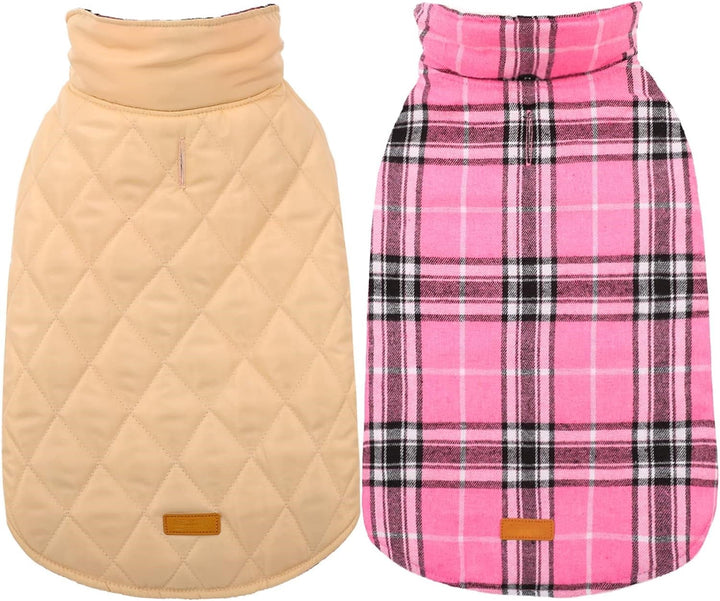 Cozy waterproof dog jacket, British style winter coat, red plaid and black, pet gear.