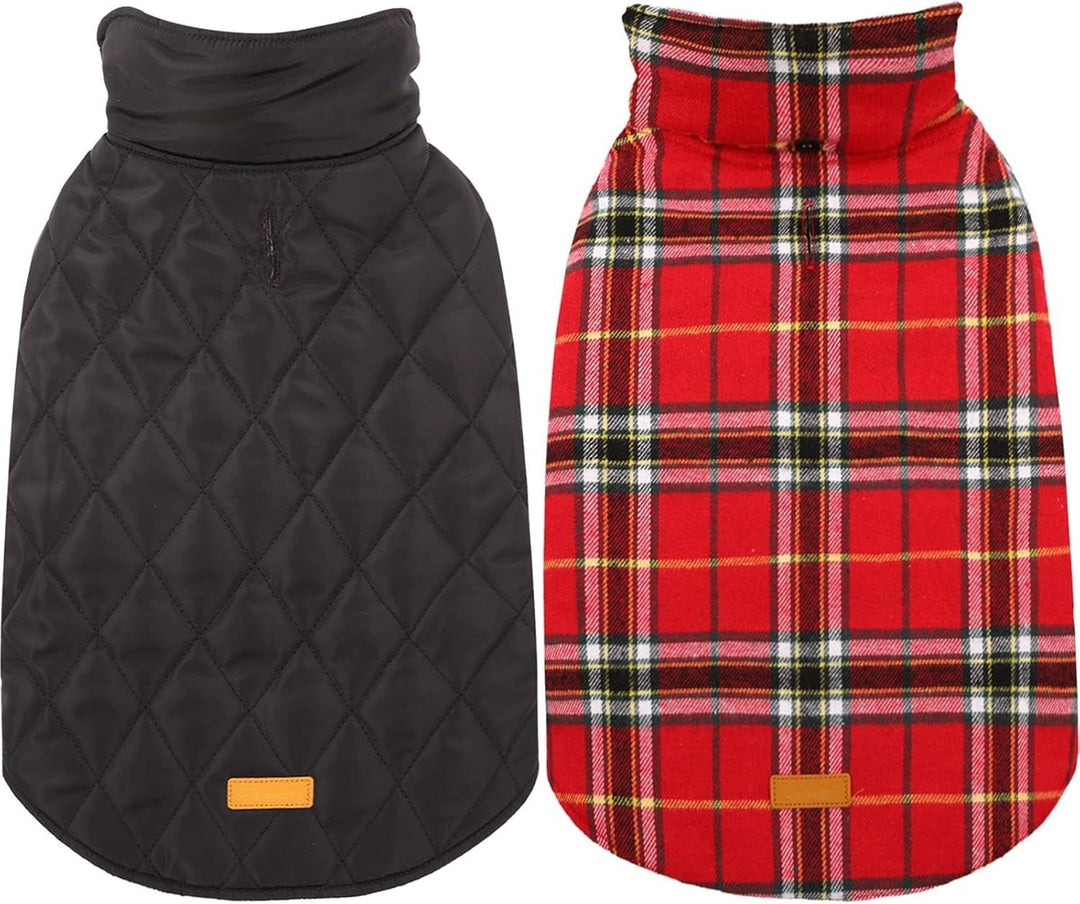 Warm pet winter coat, British style reversible waterproof dog jacket, black side.