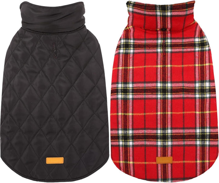 Warm pet winter coat, British style reversible waterproof dog jacket, black side.