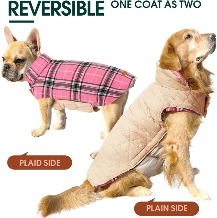 Reversible waterproof dog coat, British style winter wear, red plaid and solid colors.