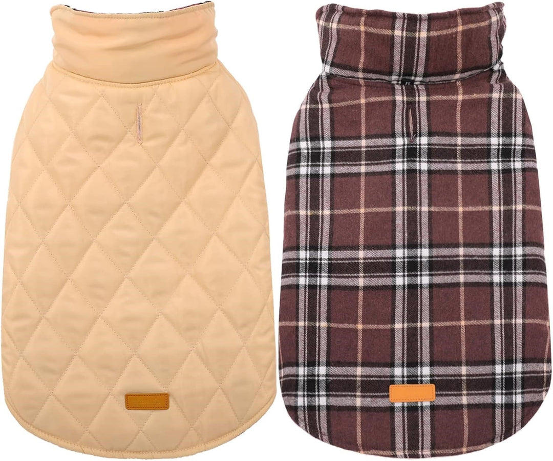 Dog apparel: waterproof winter coat, red British plaid and solid black reversible.