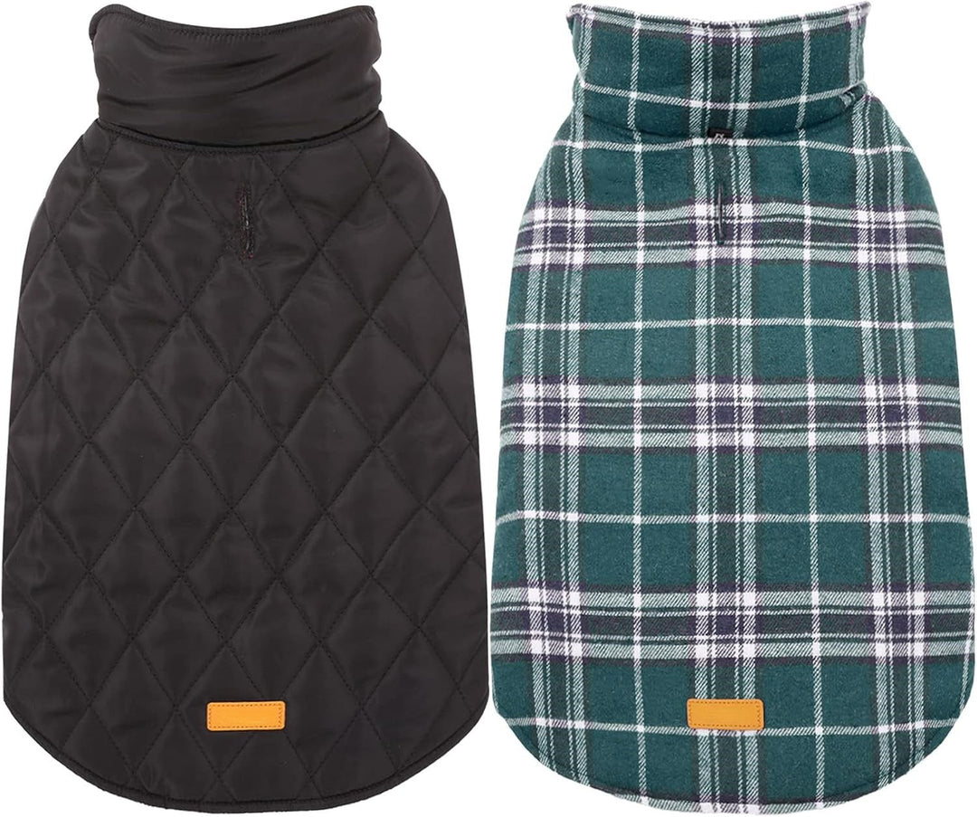 Reversible dog coat in British style, waterproof red plaid for warm pet clothes.