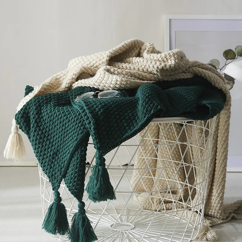 Cozy Scandinavian knitted wool throw blanket for home decor & hygge living.