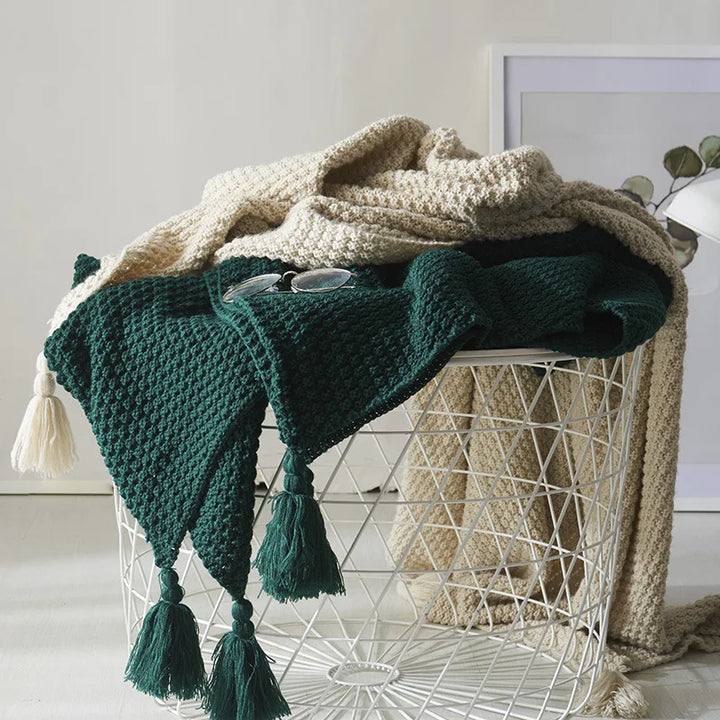 Cozy Scandinavian knitted wool throw blanket for home decor & hygge living.