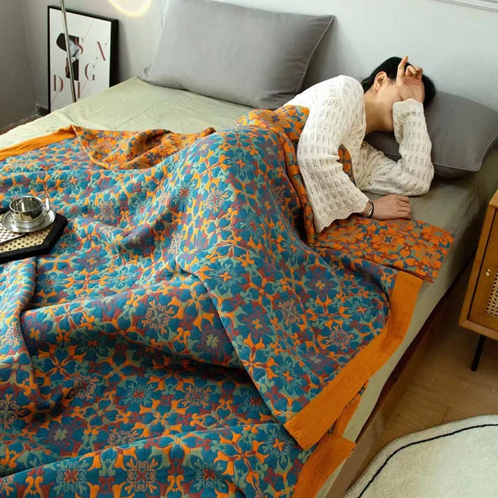 Orange and blue patterned cotton quilt, a soft six-layer bedding duvet