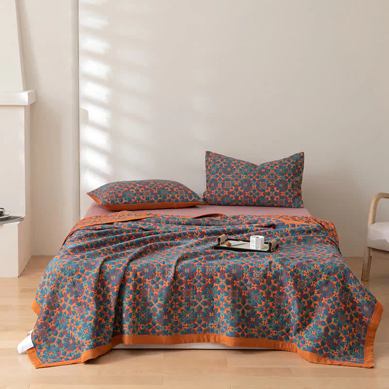 Orange and blue patterned six-layer cotton quilt, adding warmth and style to any bedroom